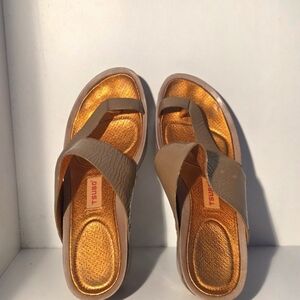 Tsubo Taupe Slide Sandals with Metallic Copper Insole